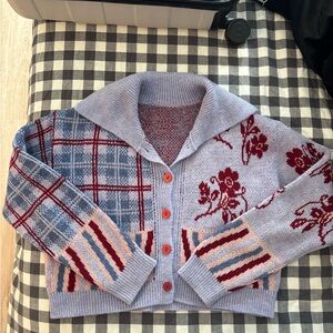 Floral Patterned Women's Sweater - Red and Blue